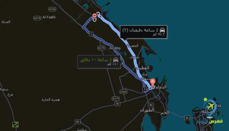 خريطة تصف المسافة بين الجبيل والدمام