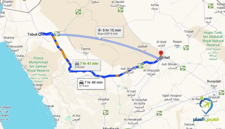 صورة توضح المسافة بين تبوك وحائل