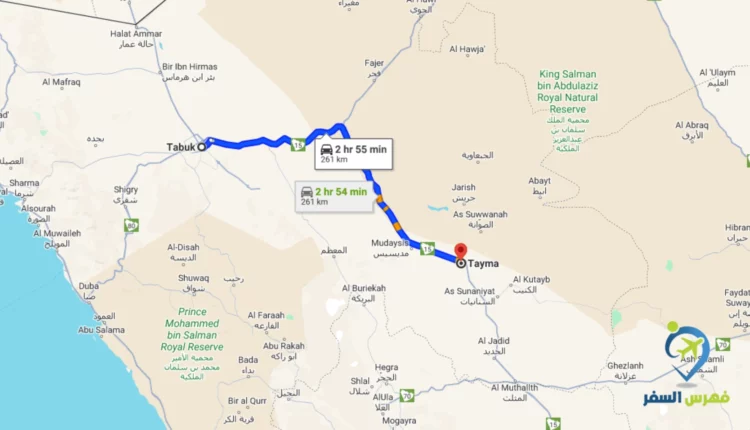 صورة توضح المسافة بين تبوك وتيماء